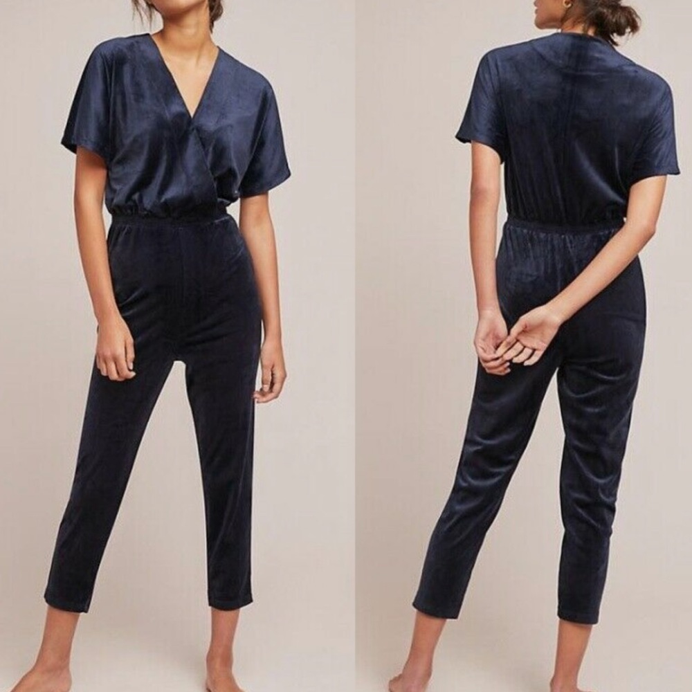 Anthropologie Saturday Sunday Jumpsuit Women Blue Velvet Lounge Classic Size S